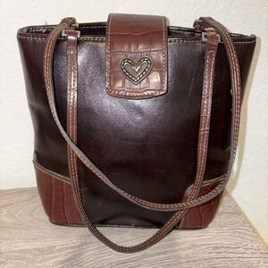 Brown Croc-Trim Shoulder Bag with Heart Accent